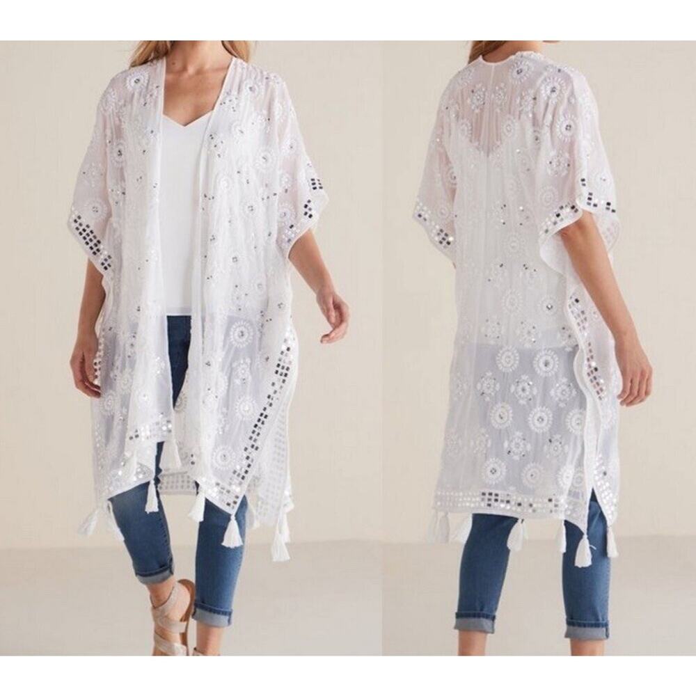 Soft Surroundings Athena White Embroidered Mirror Tassel Open Kimono Duster